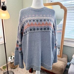 easel Blue Crewneck Sweater with Pink and Rust Fair Isle